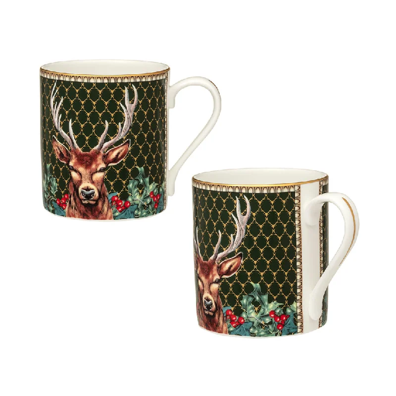 Antler Trellis Green Stag Mugs, Set of 2