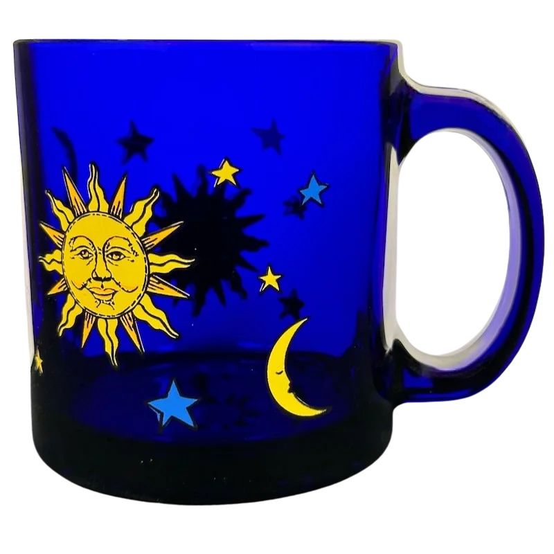 Celestial Sun Moon Stars Cobalt Blue Glass Mug Libbey