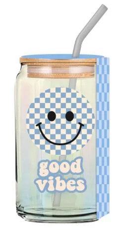 Blue Smiley Good Vibes Glass Tumbler