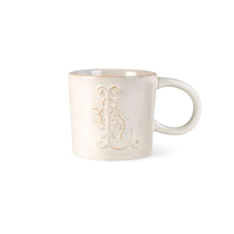 WHITE FLORAL "L" ARTISAN MONOGRAM MUG