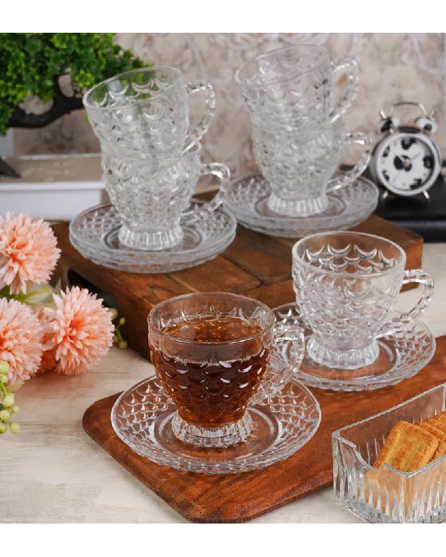 Transparent Textured Glass Cups With Saucer | Set of 6