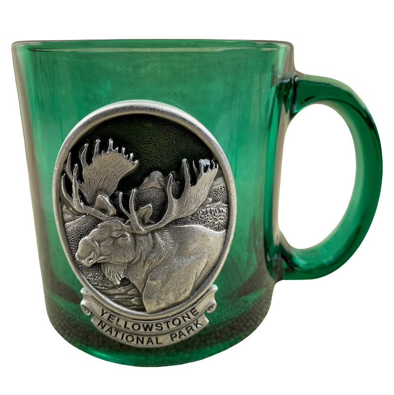 Yellowstone National Park Moose Pewter Plaque Glass Mug Heritage Metalworks