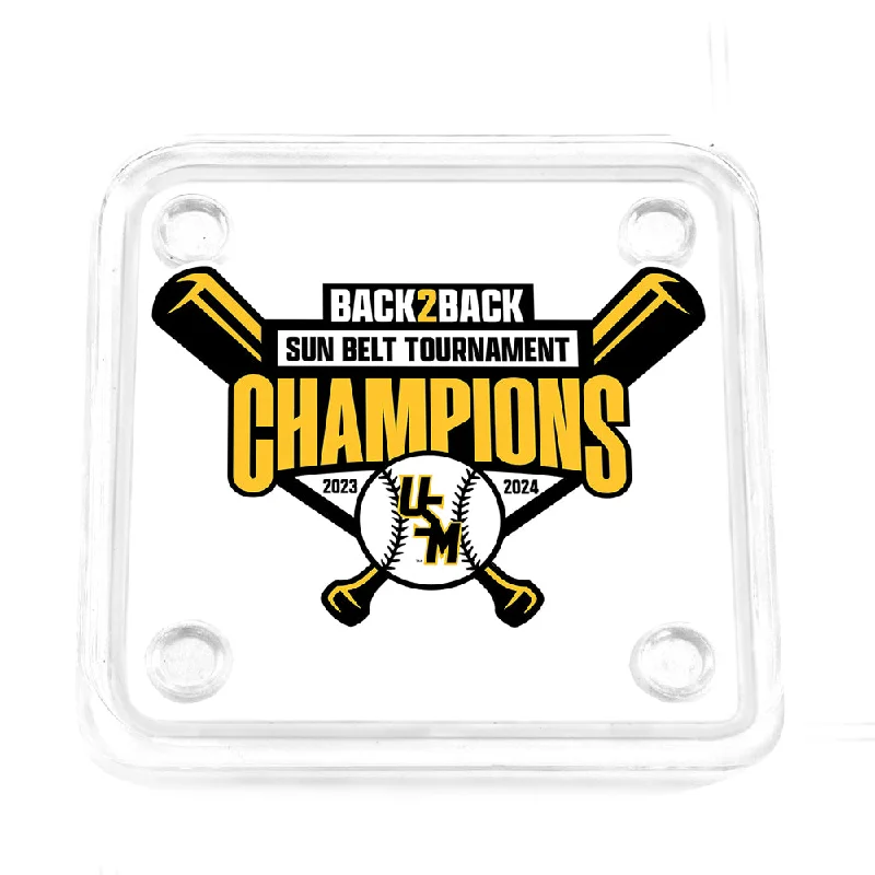 Southern Miss Golden Eagles - Back 2 Back Sun Belt Tournament Champions Logo Drink Coaster