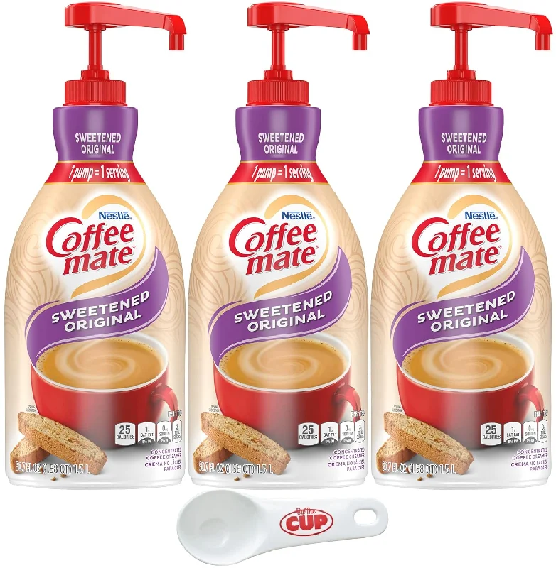 Coffee mate Sweetened Original Liquid Concentrate, 1.5 Liter Pump Bottle (Pack of 3) with By The Cup Coffee Scoop