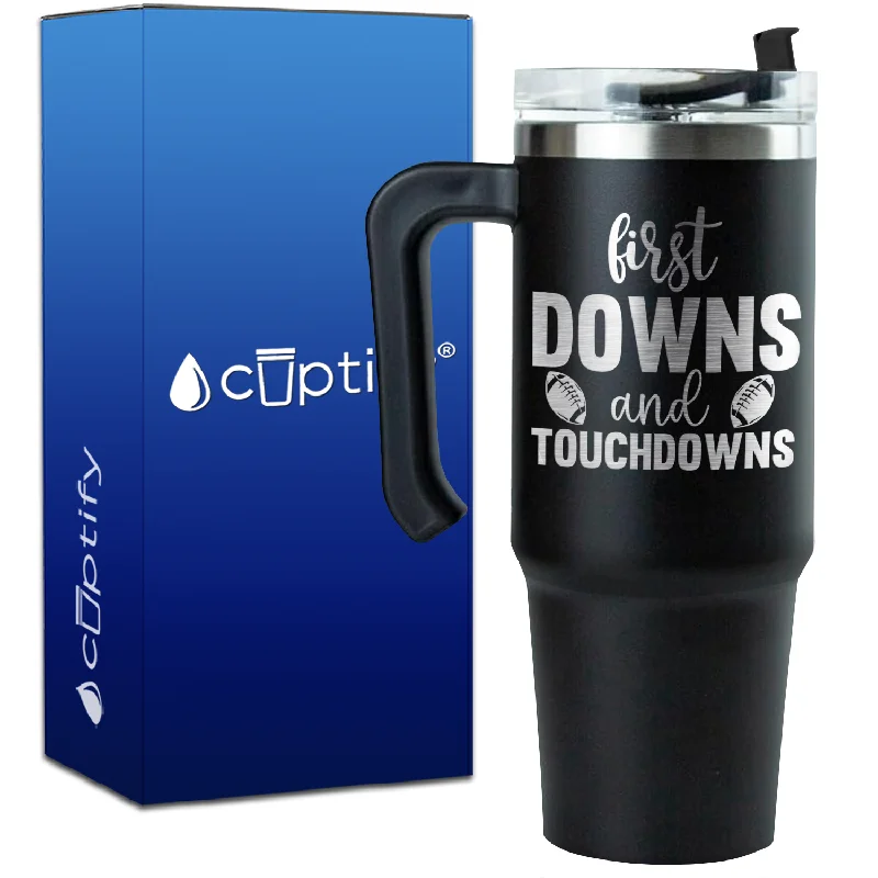 First Downs and Touchdowns on 30oz Football Travel Mug