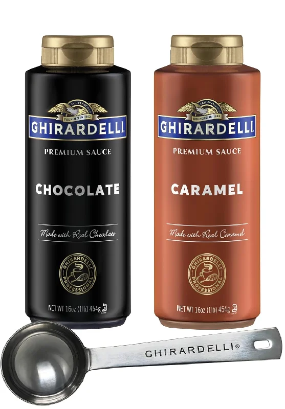 Ghirardelli Caramel and Chocolate Sauce 16 Ounce 1 of each Squeeze Bottle (Set of 2) with Ghirardelli Stamped Barista Spoon