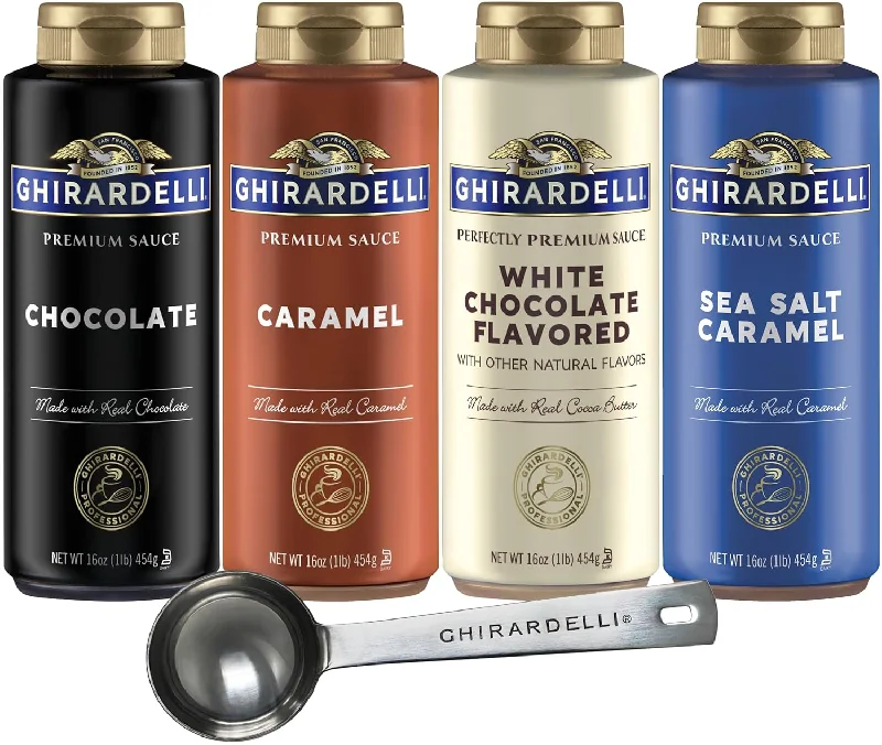 Ghirardelli Chocolate, Caramel, White Chocolate and Sea Salt Caramel Flavored Sauce 16 oz Bottles (Pack of 4) with Ghirardelli Stamped Barista Spoon