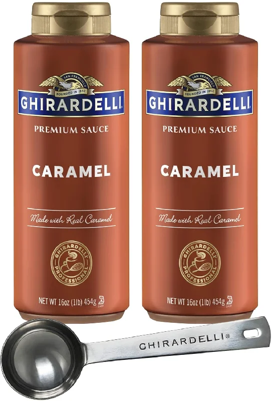 Ghirardelli Caramel Sauce, 16 Ounce Squeeze Bottle (Pack of 2) with Ghirardelli Stamped Barista Spoon