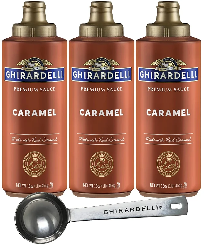 Ghirardelli Caramel Sauce Squeeze Bottle, 16 Ounce (Pack 3) with Ghirardelli Stamped Barista Spoon