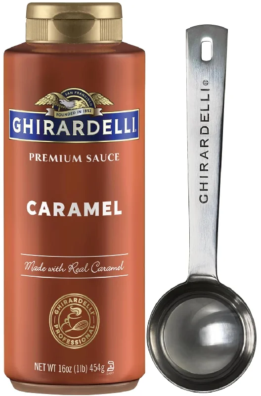 Ghirardelli Caramel Sauce, 16 Ounce Squeeze Bottle with Ghirardelli Stamped Barista Spoon