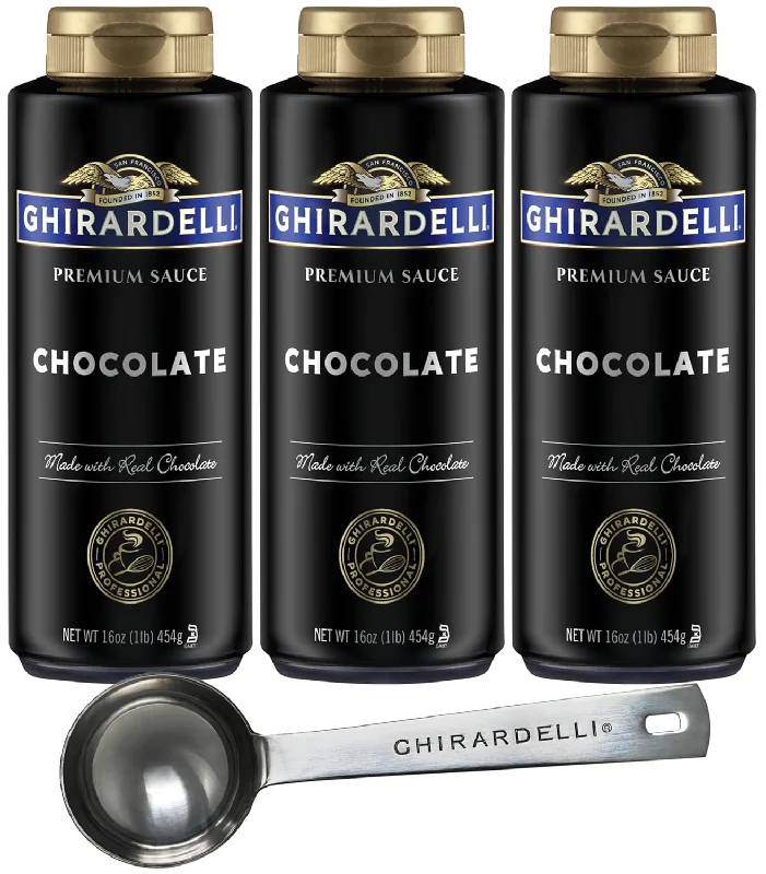 Ghirardelli Chocolate Sauce, 16 Ounce Squeeze Bottle (Pack of 3) with Ghirardelli Stamped Barista Spoon