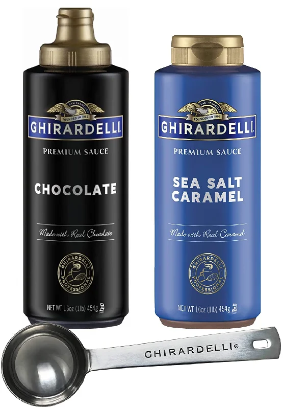 Ghirardelli Sea Salt Caramel and Chocolate Flavored Sauce 16 oz Squeeze Bottles (Pack of 2) with Ghirardelli Stamped Barista Spoon