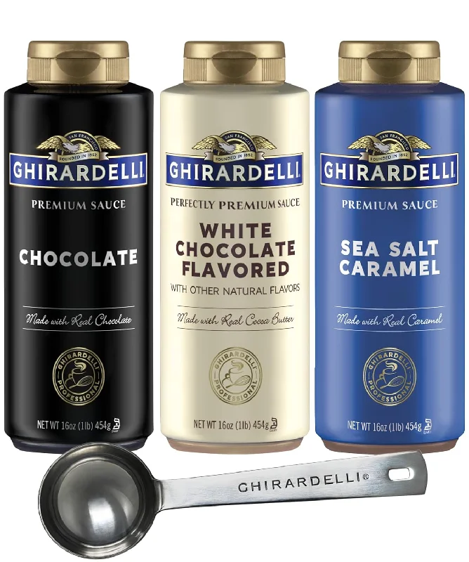 Ghirardelli Sea Salt Caramel, Chocolate and White Chocolate Flavored Sauce, 16 oz Squeeze Bottles (Pack of 3) with Ghirardelli Stamped Barista Spoon