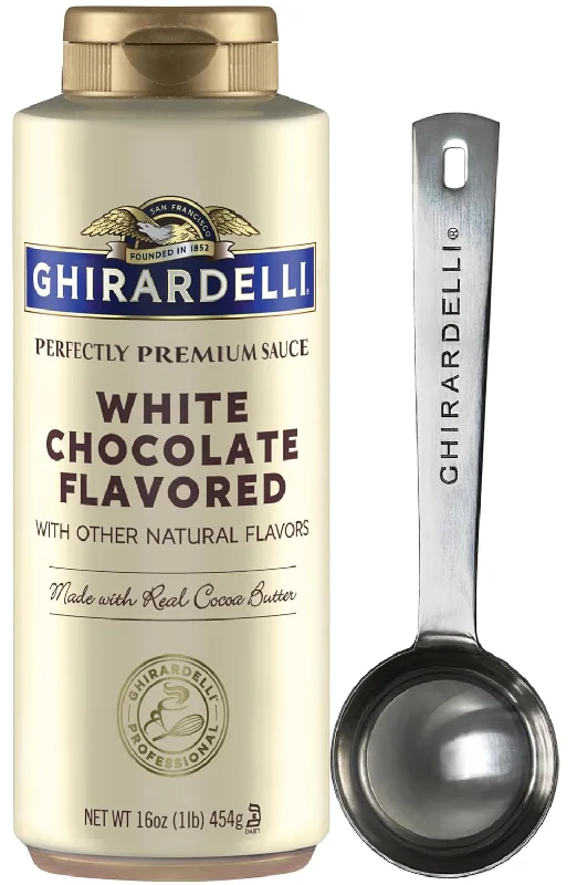 Ghirardelli White Chocolate Sauce, 16 Ounce Squeeze Bottle with Ghirardelli Stamped Barista Spoon