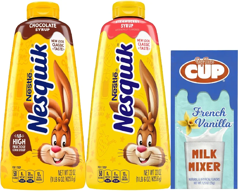 Nesquik Strawberry & Chocolate Syrup Bundle, 22 oz Bottle of each (Pack of 2) with By The Cup Milk Mixer