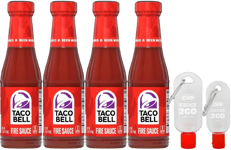 Taco Bell Fire Sauce 7.5 Ounce (Pack of 4) with By The Cup 2 Go Keychains 1.69 Fl oz and 1 Fl oz Mini Sauce Bottles