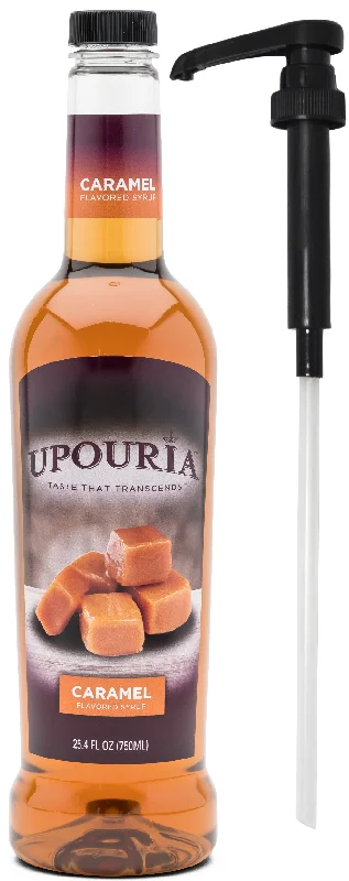 Upouria Caramel Coffee Syrup Flavoring, 100% Vegan, Gluten-Free, Kosher, 750 mL Bottle - Coffee Syrup Pump Included