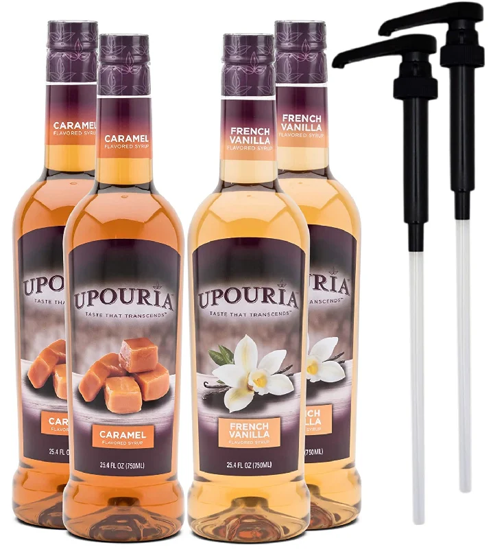 Upouria French Vanilla & Caramel Coffee Syrup Flavoring, 2 of each Flavor, 100% Vegan, Gluten-Free, Kosher, 750 mL Bottles (Pack of 4) with 2 Coffee Syrup Pumps