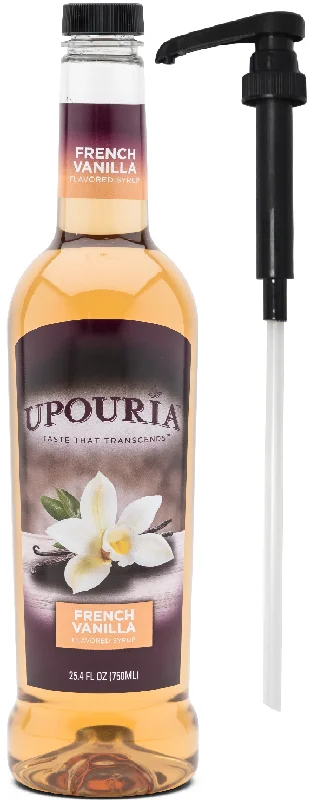 Upouria French Vanilla Coffee Syrup Flavoring, 100% Vegan, Gluten Free, Kosher, 750 mL Bottle - Coffee Syrup Pump Included