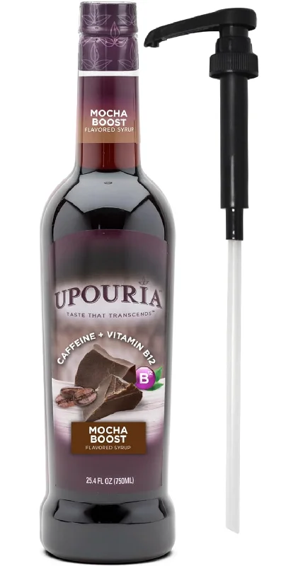 Upouria Mocha Boost Coffee Syrup Flavoring, 100% Vegan, Gluten-Free, Kosher, 750 mL Bottle - Coffee Syrup Pump Included