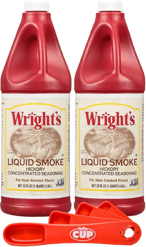 Wright's Liquid Smoke Hickory Concentrated Seasoning, 32 oz Bottle (Pack of 2) with By The Cup Swivel Spoons