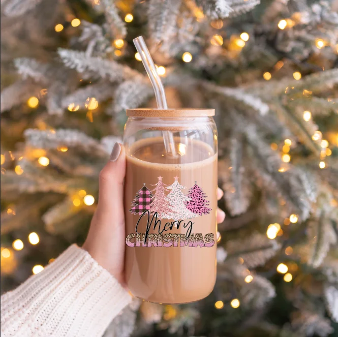 Christmas Pink Merry Christmas Trees | 16oz Glass Can Cup with Lid and Straw